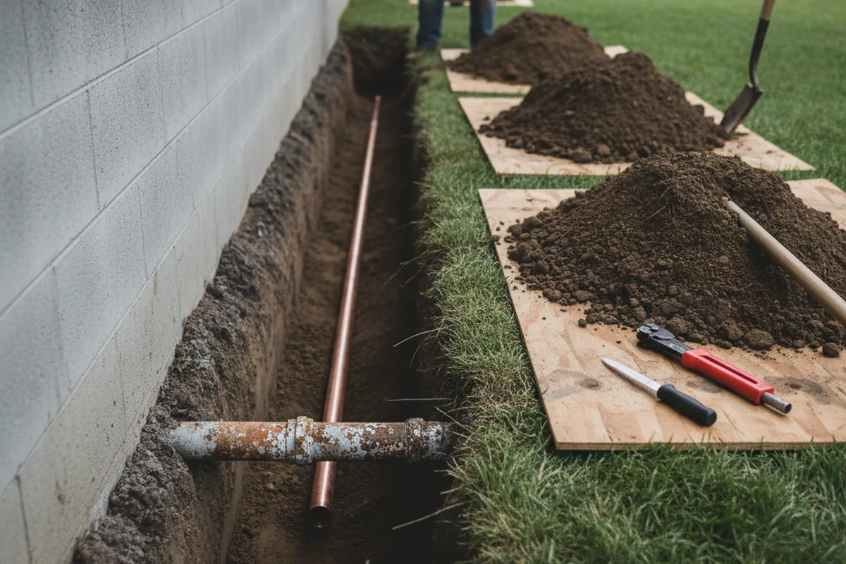 Excavated water line trench during Water Softener Installation in Winston Salem